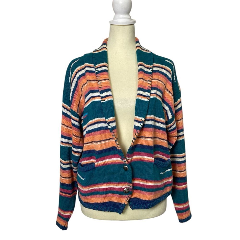 Vintage Santa Fe Ramie Cotton Blend Colorful Knit Cardigan Women's size Large